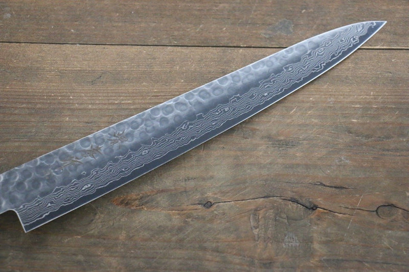 Sakai Takayuki AUS-10 45 Layer Damascus Hammered Sujihiki Japanese Chef Knife 240mm Blue Lacquered Handle With Saya - Japannywholesale