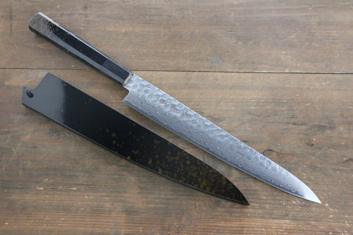 Sakai Takayuki AUS-10 45 Layer Damascus Hammered Sujihiki Japanese Chef Knife 240mm Gold Dots Lacquered Handle With Saya - Japannywholesale