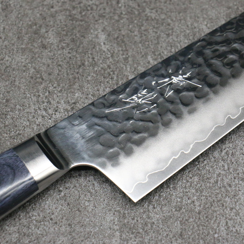 Seisuke Aotsuchi AUS10 Hammered Kiritsuke Santoku  195mm Navy blue Pakka wood Handle with Sheath - Japannywholesale