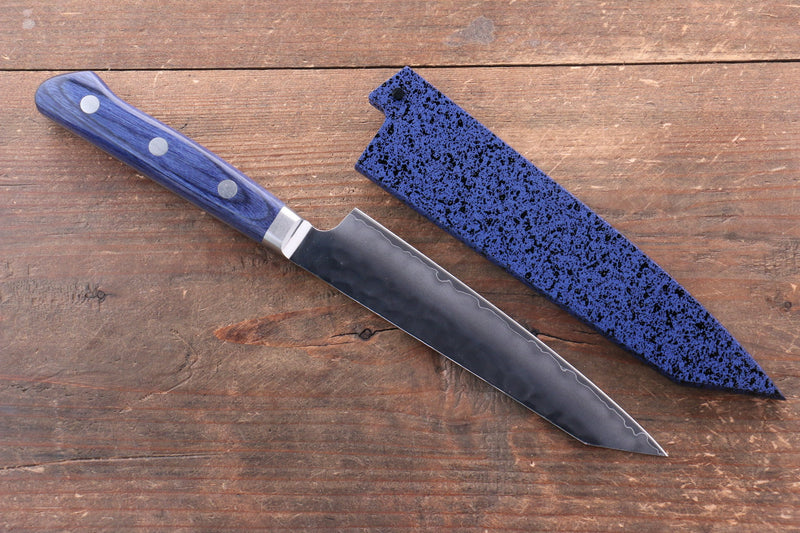 Seisuke Aotsuchi AUS10 Hammered Kiritsuke Petty-Utility  140mm Blue Pakka wood Handle with Sheath - Japannywholesale