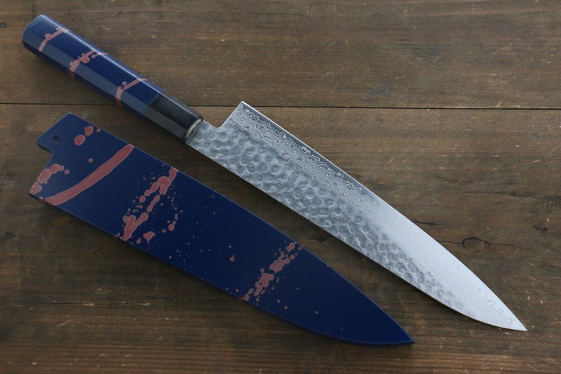 Sakai Takayuki AUS10 45 Layer Damascus Hammered Gyuto  240mm Blue Lacquered Handle with Sheath - Japannywholesale