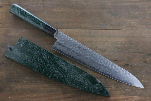 Sakai Takayuki AUS10 45 Layer Damascus Hammered Gyuto  240mm Green Lacquered Handle with Sheath - Japannywholesale