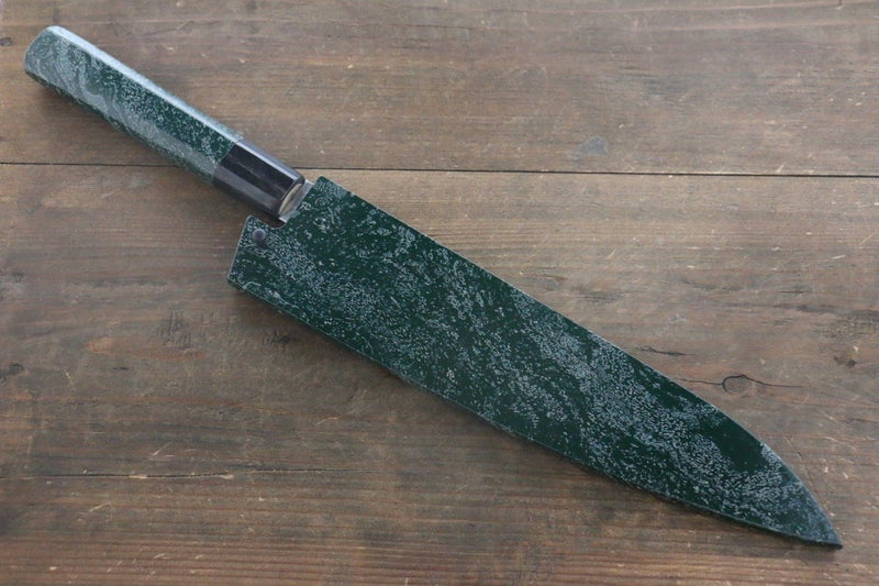 Sakai Takayuki AUS10 45 Layer Damascus Hammered Gyuto  240mm Green Lacquered Handle with Sheath - Japannywholesale