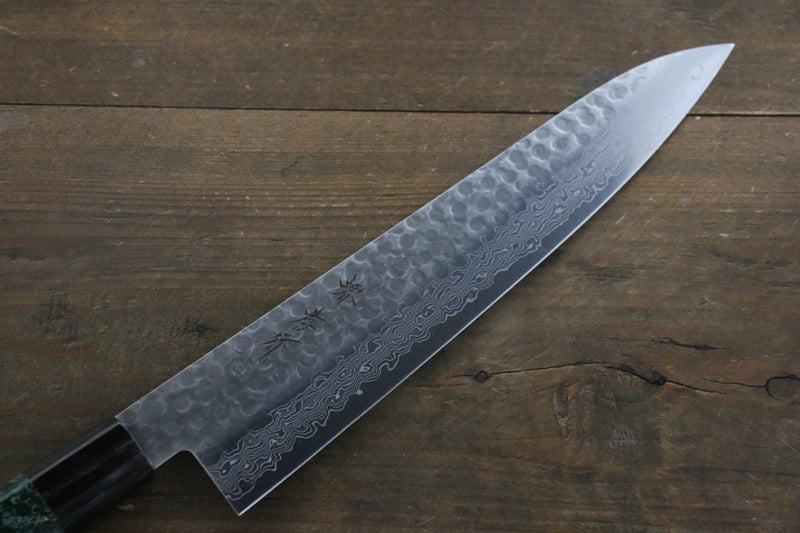 Sakai Takayuki AUS10 45 Layer Damascus Hammered Gyuto  240mm Green Lacquered Handle with Sheath - Japannywholesale