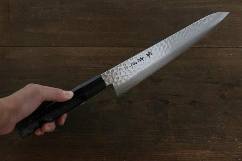 Sakai Takayuki AUS10 45 Layer Damascus Hammered Gyuto  240mm Silver Dots Lacquered Handle with Sheath - Japannywholesale