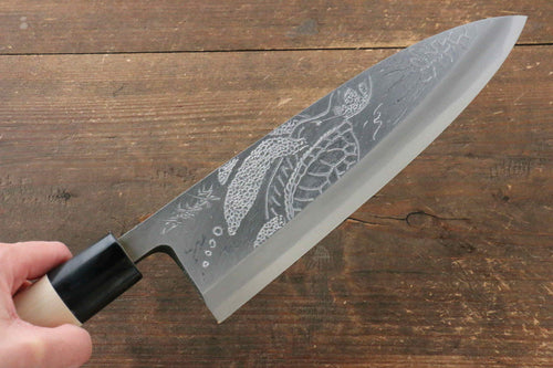 Sakai Takayuki Kasumitogi White Steel Turtle engraving Deba  Magnolia Handle - Japannywholesale