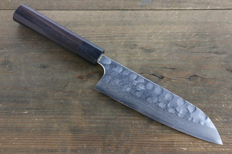 Seisuke Blue Steel No.2 Hammered Damascus Santoku  180mm Shitan Handle - Japannywholesale