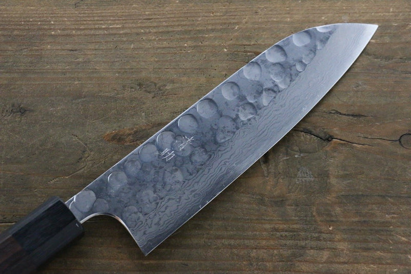 Seisuke Blue Steel No.2 Hammered Damascus Santoku  180mm Shitan Handle - Japannywholesale