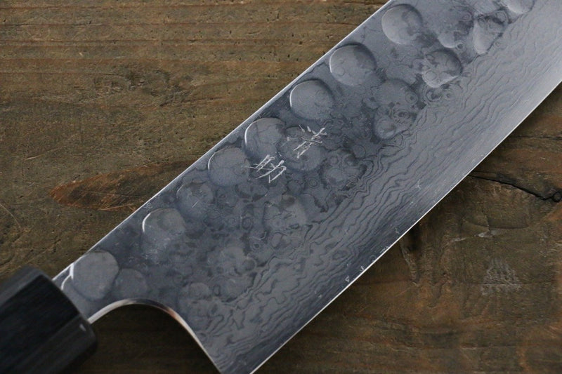 Seisuke Blue Steel No.2 Hammered Damascus Santoku  180mm Shitan Handle - Japannywholesale