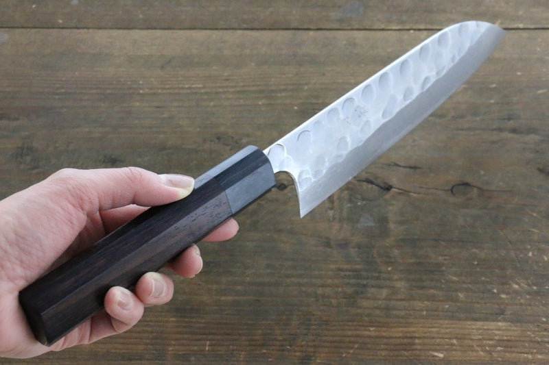 Seisuke Blue Steel No.2 Hammered Damascus Santoku  180mm Shitan Handle - Japannywholesale