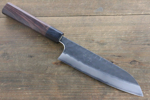 Seisuke Blue Steel No.2 Hammered Kurouchi Santoku  165mm Shitan Handle - Japannywholesale