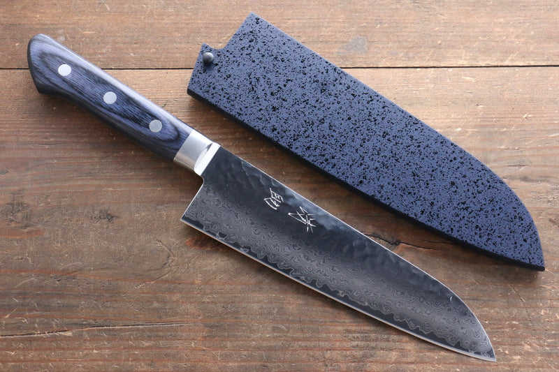 Seisuke Seiun VG10 33 Layer Damascus Santoku  180mm Blue Pakka wood Handle with Sheath - Japannywholesale