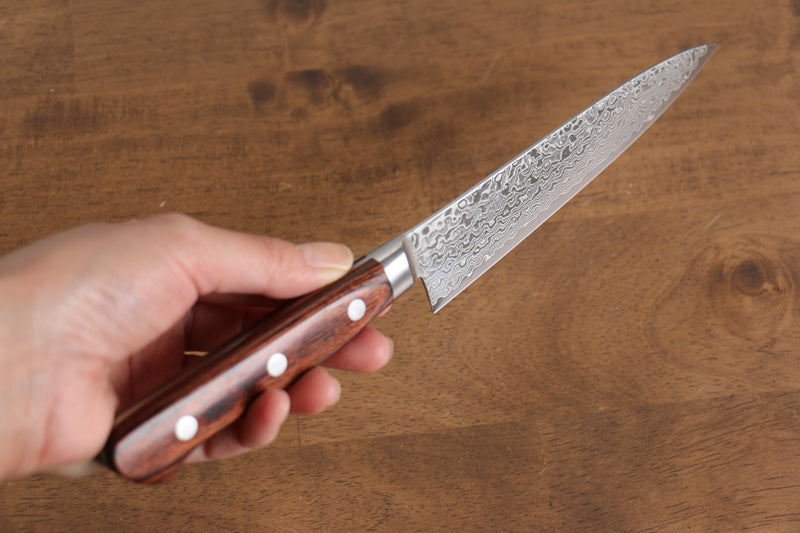 Seisuke Mokusei ZA-18 Mirrored Finish Damascus Petty-Utility  135mm Brown Pakka wood Handle - Japannywholesale