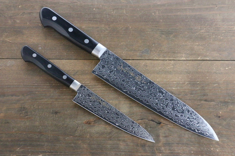 Sakai Takayuki AUS10 45 Layer Mirrored Damascus Japanese Gyuto 210mm & Petty 135mm Knife Set - Japannywholesale