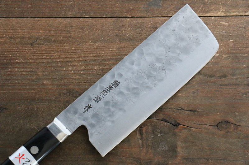 Fujiwara Teruyasu Maboroshi White Steel No.1 Nashiji Hammered Nakiri  150mm with Black Pakka wood Handle - Japannywholesale