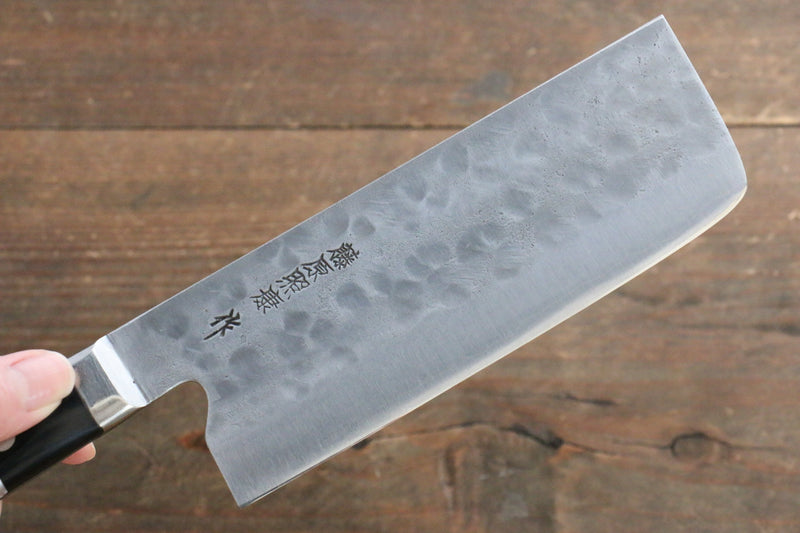 Fujiwara Teruyasu Maboroshi White Steel No.1 Nashiji Hammered Nakiri  150mm with Black Pakka wood Handle - Japannywholesale
