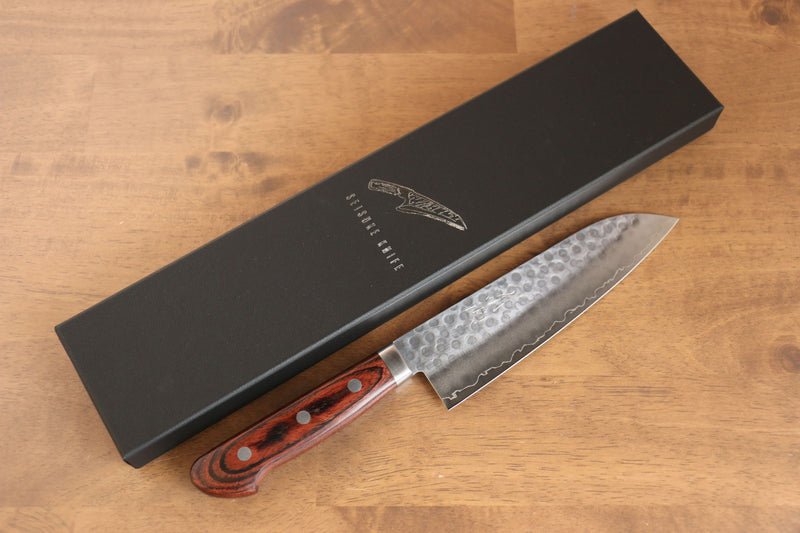 Seisuke Swedish Steel Santoku Mahogany Handle&Black Towel Gift set - Japannywholesale