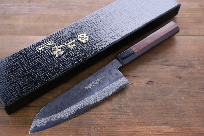 Takayuki Iwai Blue Steel No.2 Damascus Santoku  170mm Shitan Handle - Japannywholesale