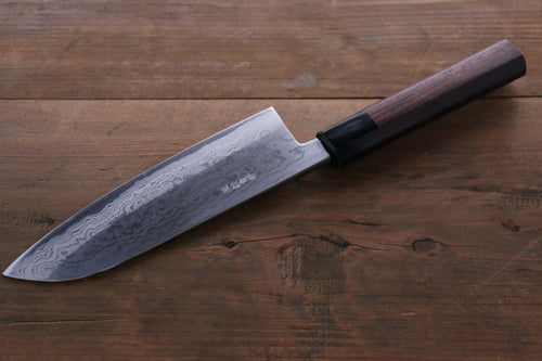 Takayuki Iwai Blue Steel No.2 Damascus Santoku  170mm Shitan Handle - Japannywholesale